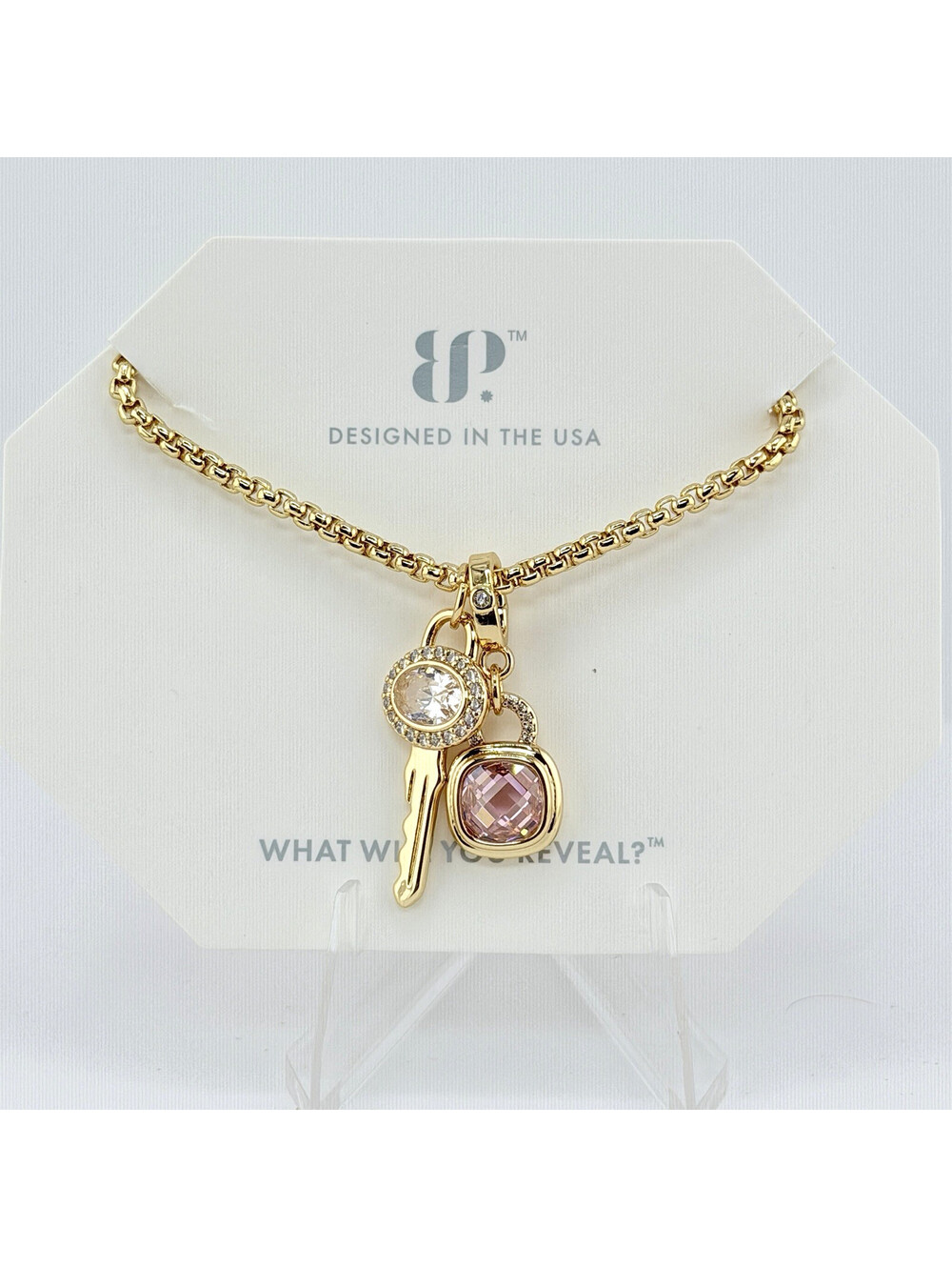 Bomb Party Necklace "The Key To Dreams" Lock & Key Rose Quartz on Yellow Gold